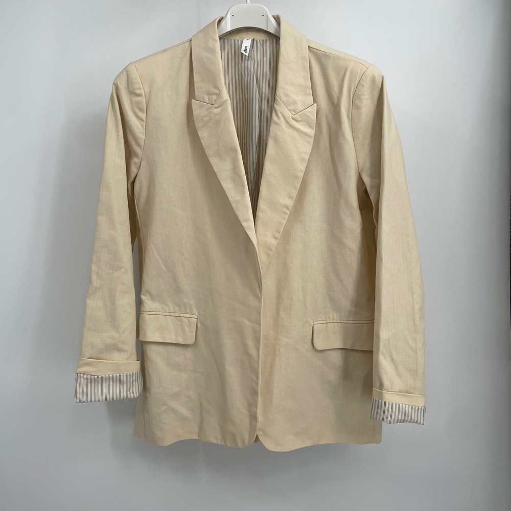 Glam Linen Cream Blazer Open Front Notch Collar Pinstripe Lined Size M